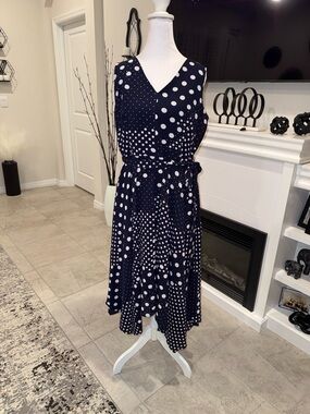Jessica Howard Navy and White Polka Dot V-Neck Midi Dress Size 16